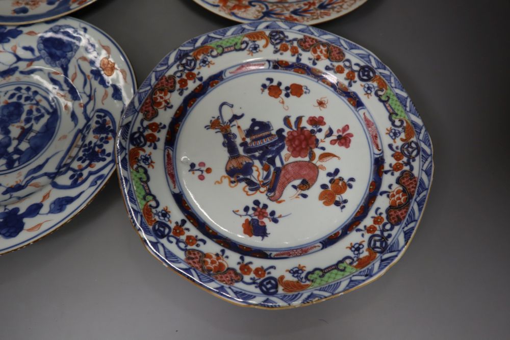 Four 18th century Chinese Imari dishes, 22.5cm, painted underglaze in typical palette